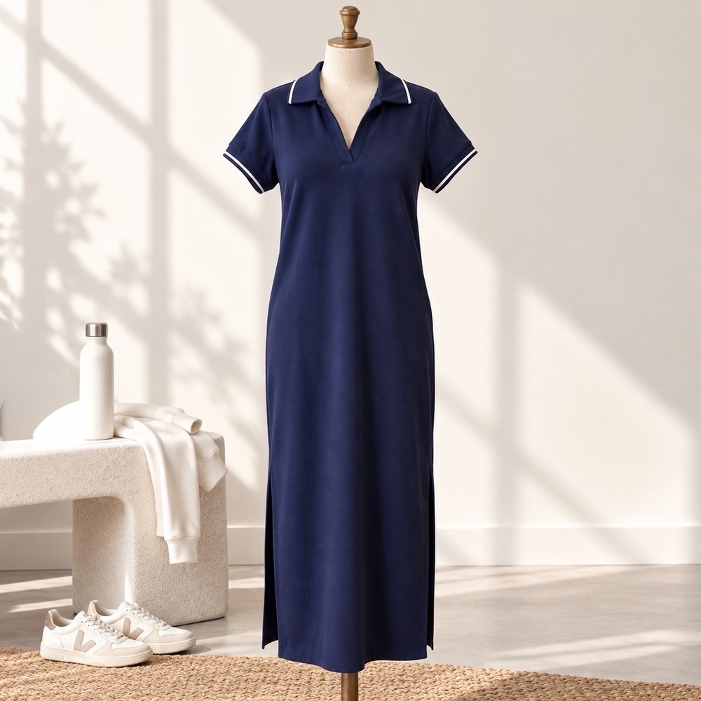 SPANX AirEssentials Pique Polo Midi Dress M Navy Short Sleeve Tennis Preppy